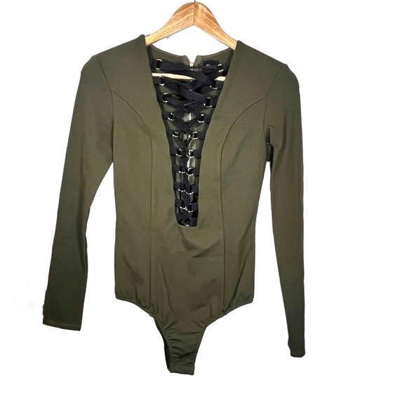 NUDE Olive Green Plunging Neckline Lace Up Front Zipper Back Bodysuit Size Small - Picture 2 of 8